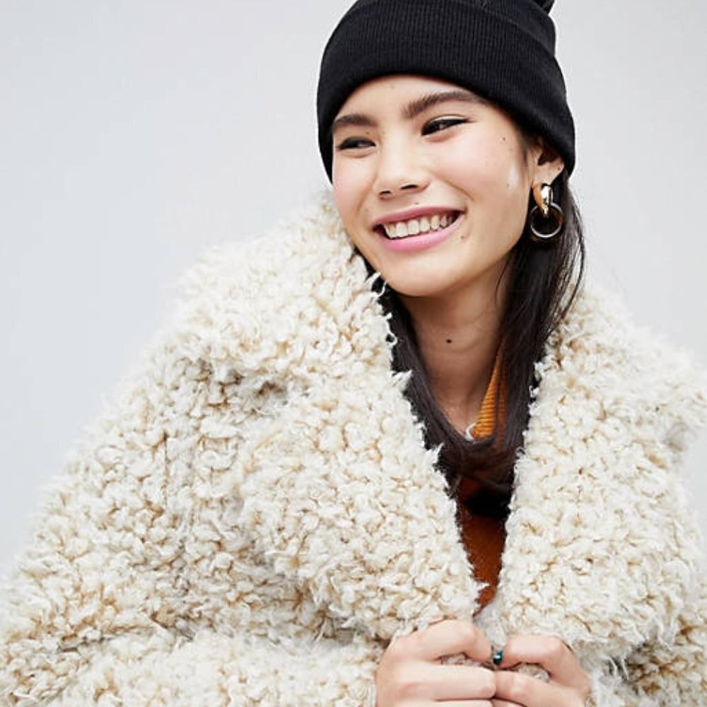 Monkl double breasted teddy coat in off white
